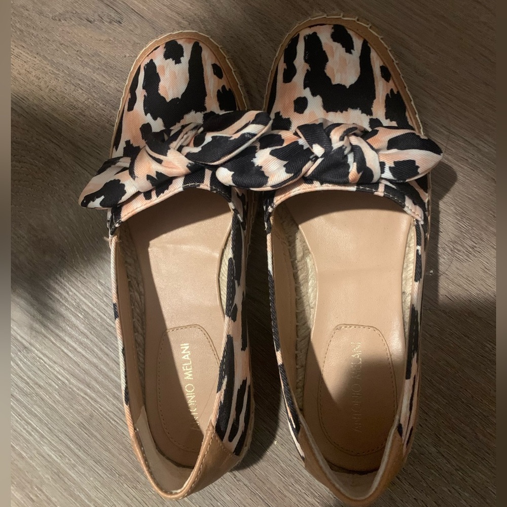 Antonio Melani Leather Leopard Fabric Espadrille Shoes Bow Womens Casual 6